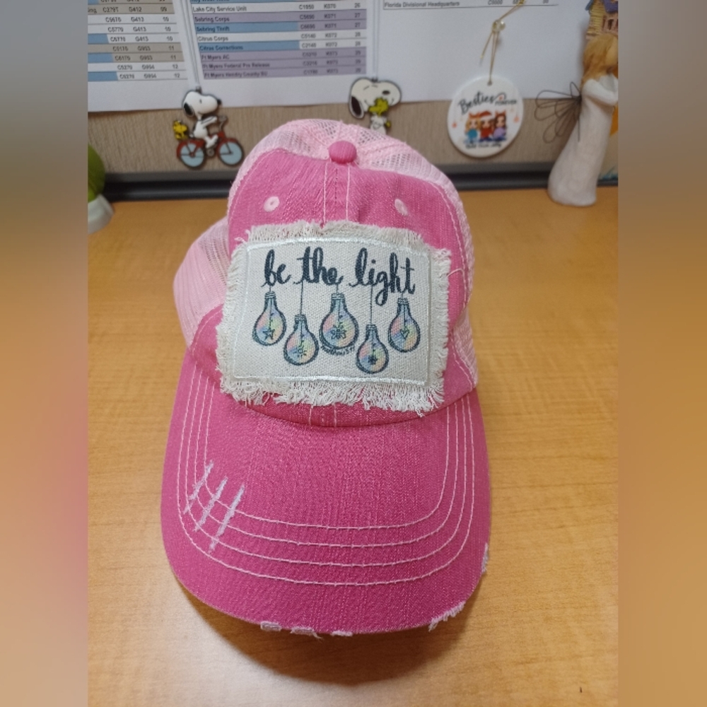 Pre-owned Women's Adjustable Pink Be The Light Distressed Mesh Cap